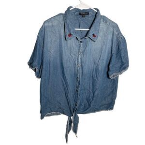 Velvet Heart Blouse Women's XL Chambray Button Up Lady Bug Tie Embroidered
